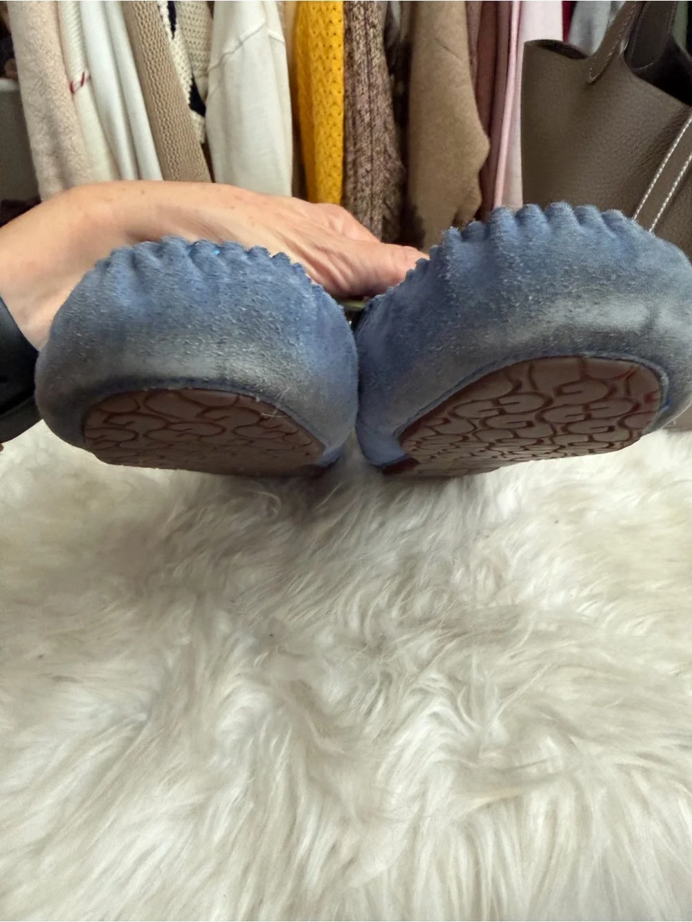 UGG Blue Suede Moccasins with Light Green Laces